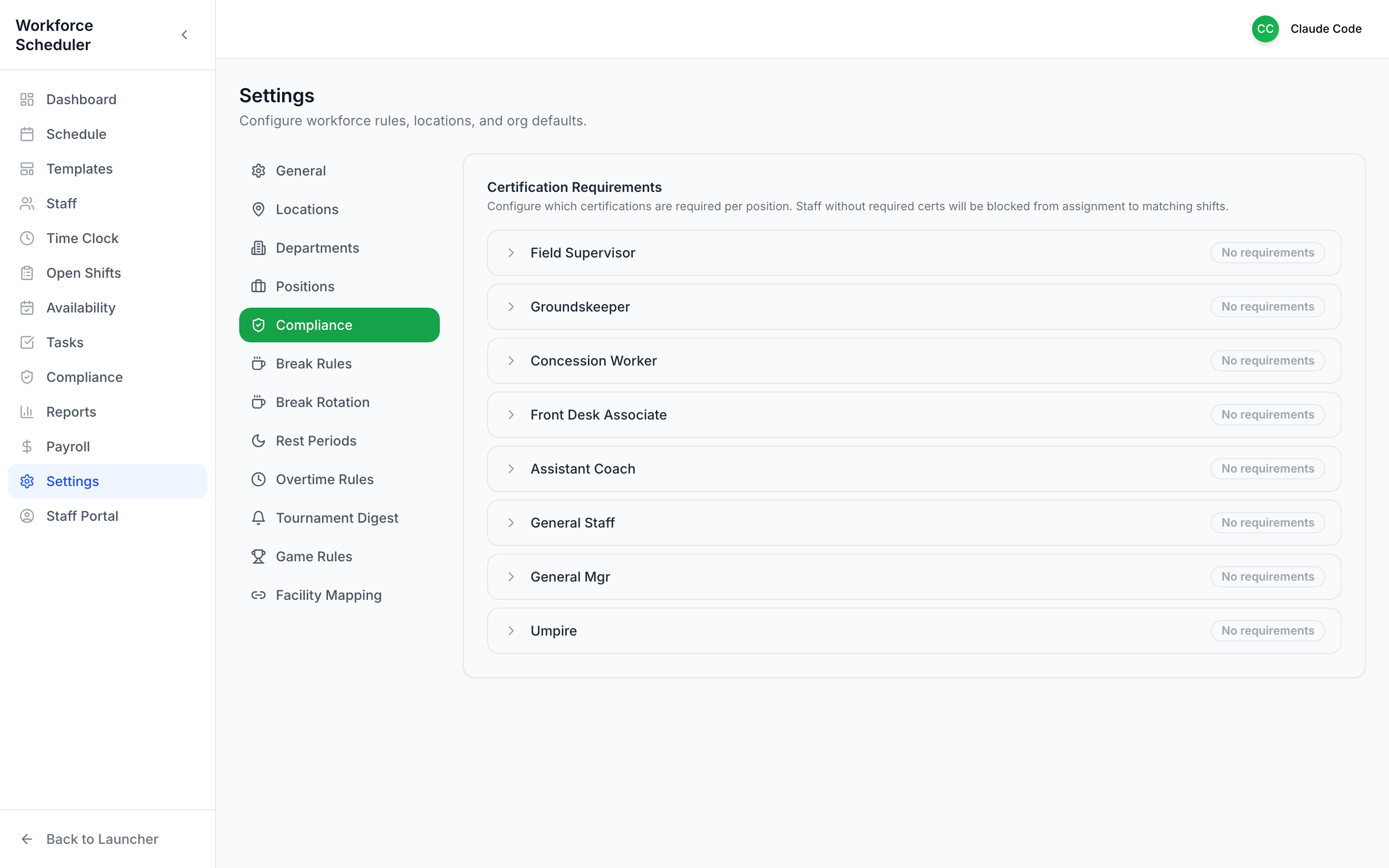 Settings — Compliance