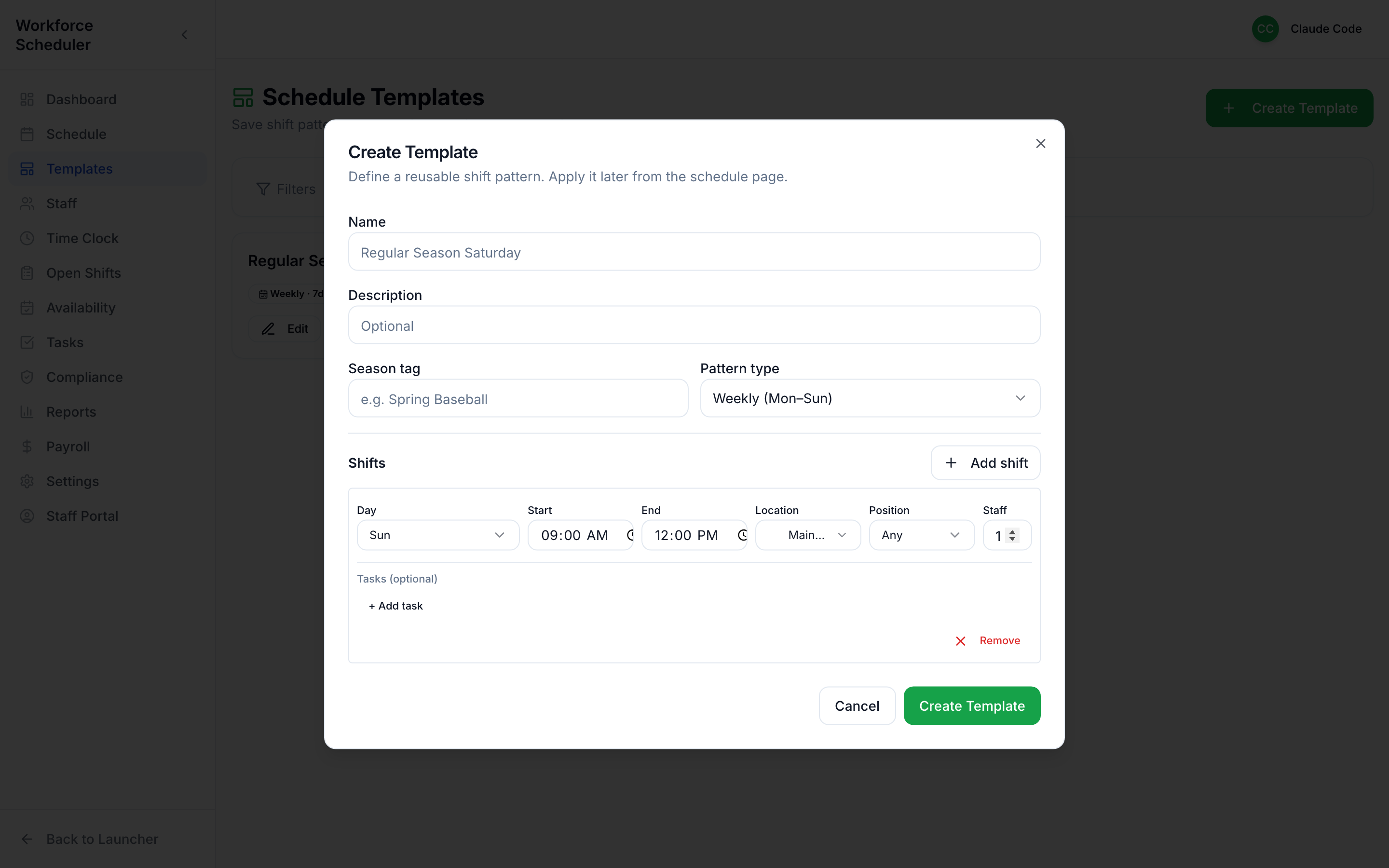 Adding shifts to a template