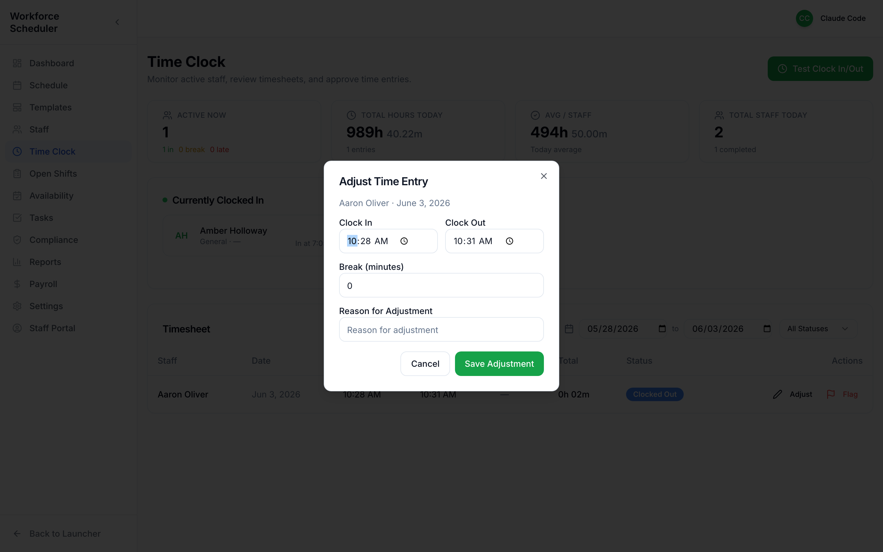 Adjusting a time entry